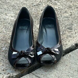 Stuart Weitzman Peep Toe Ballet shoes | Dark Brown Patent Leather Bow Detail 7.5